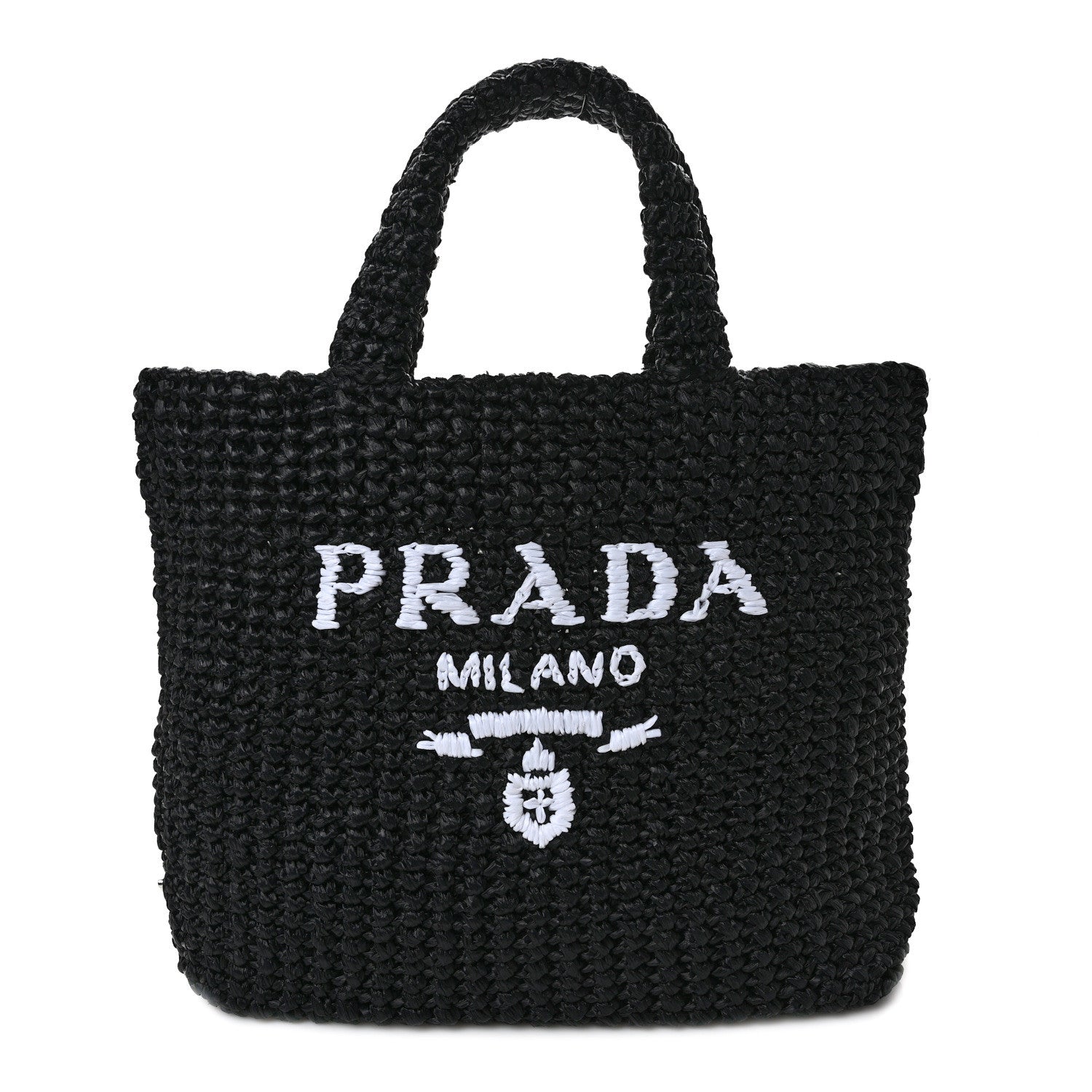 Prada Yarn Raffia Effect Crochet Small Logo Tote Black 1 of 9