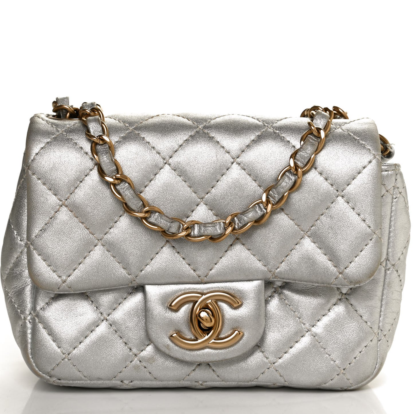Metallic Lambskin Quilted Mini Square Flap Silver