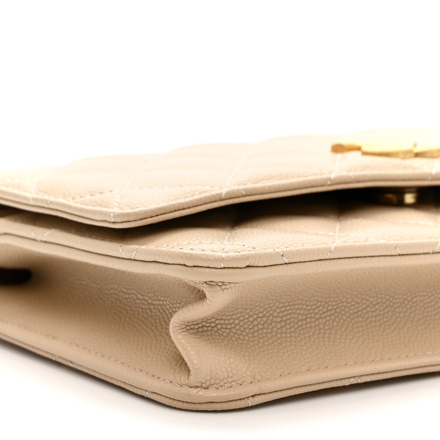 Caviar Quilted Textured CC Wallet On Chain WOC Beige