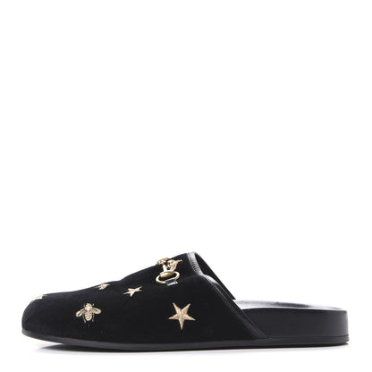Gucci Softy Velvet Malaga Kid Bee Star Embroidered Womens Horsebit River Slippers 38 Black 1 of 10