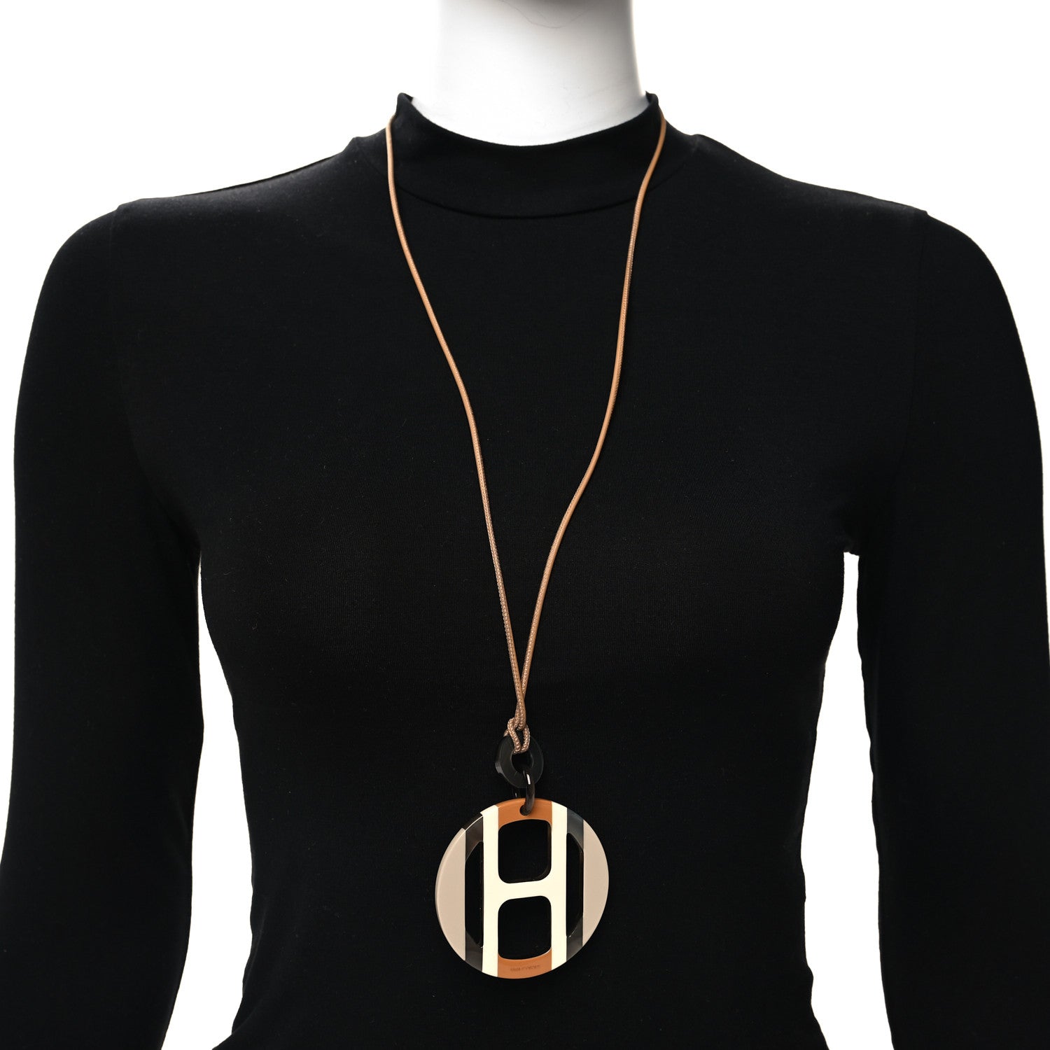 Hermes Buffalo Horn Lacquer H Equipe Pendant Necklace Sable 2 of 5