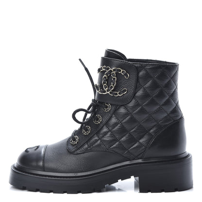 Chanel Shiny Goatskin Calfskin Quilted Lace Up Combat Boots 35 Black 1 of 8