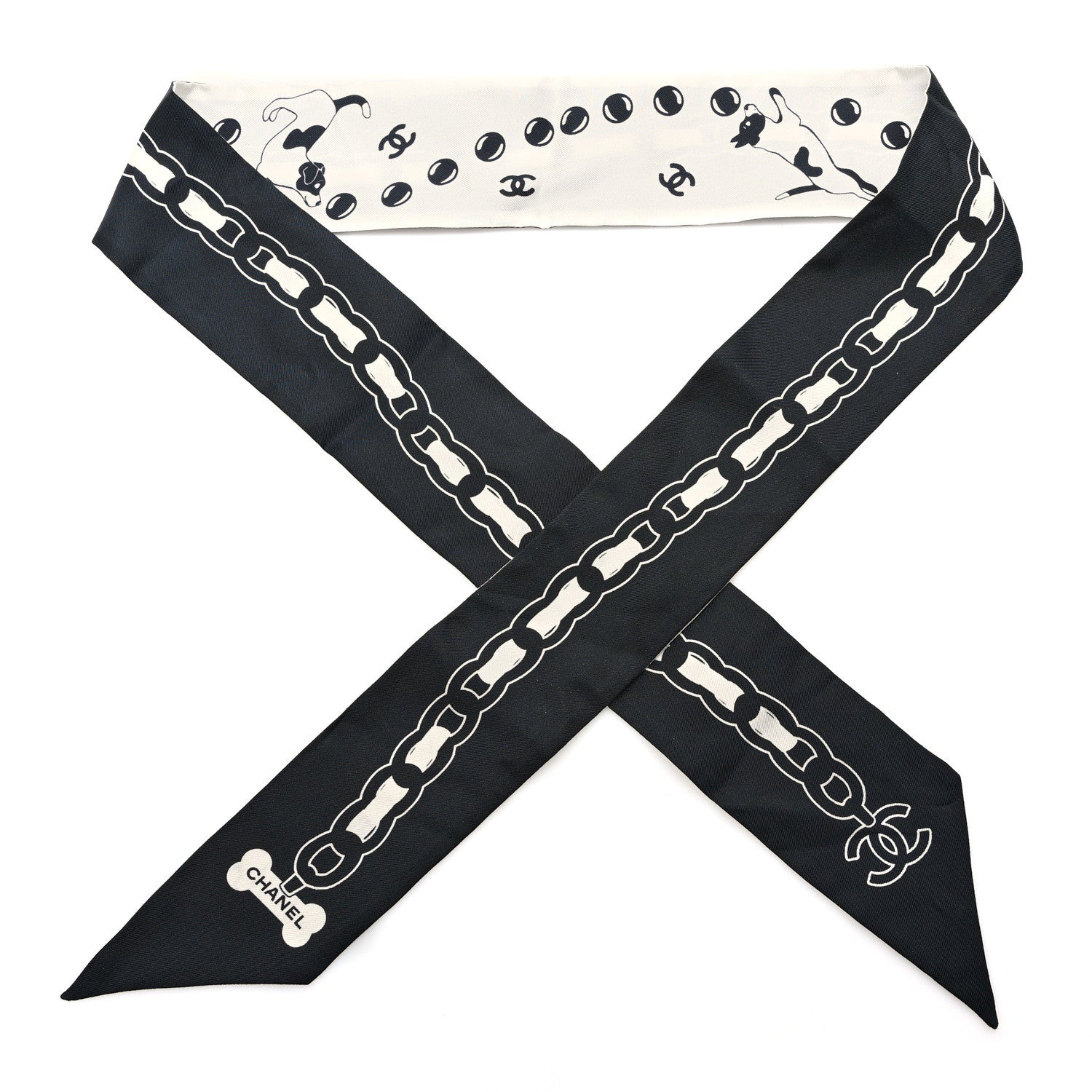 Chanel Silk CC Puppies Slim Bandeau Scarf Black Ecru 1 of 4