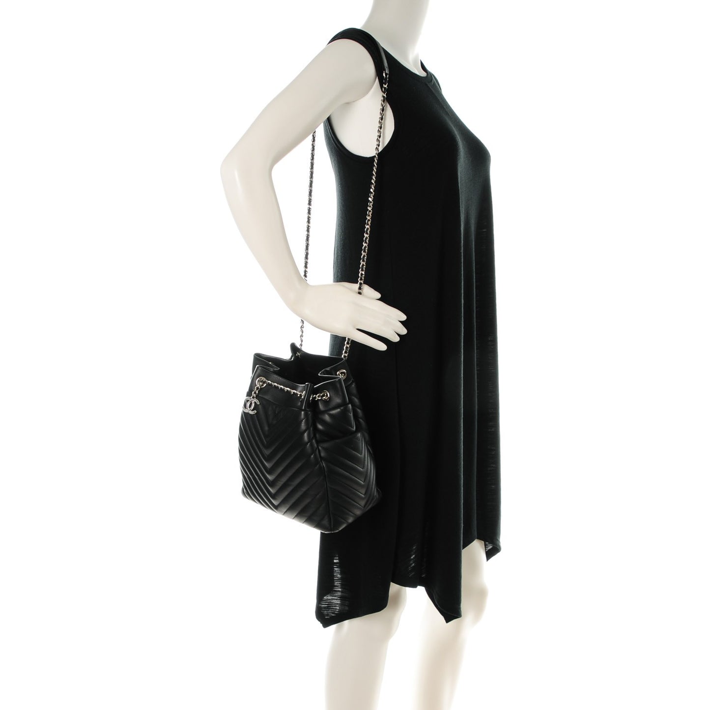 Lambskin Chevron Small Urban Spirit Drawstring Bag Black