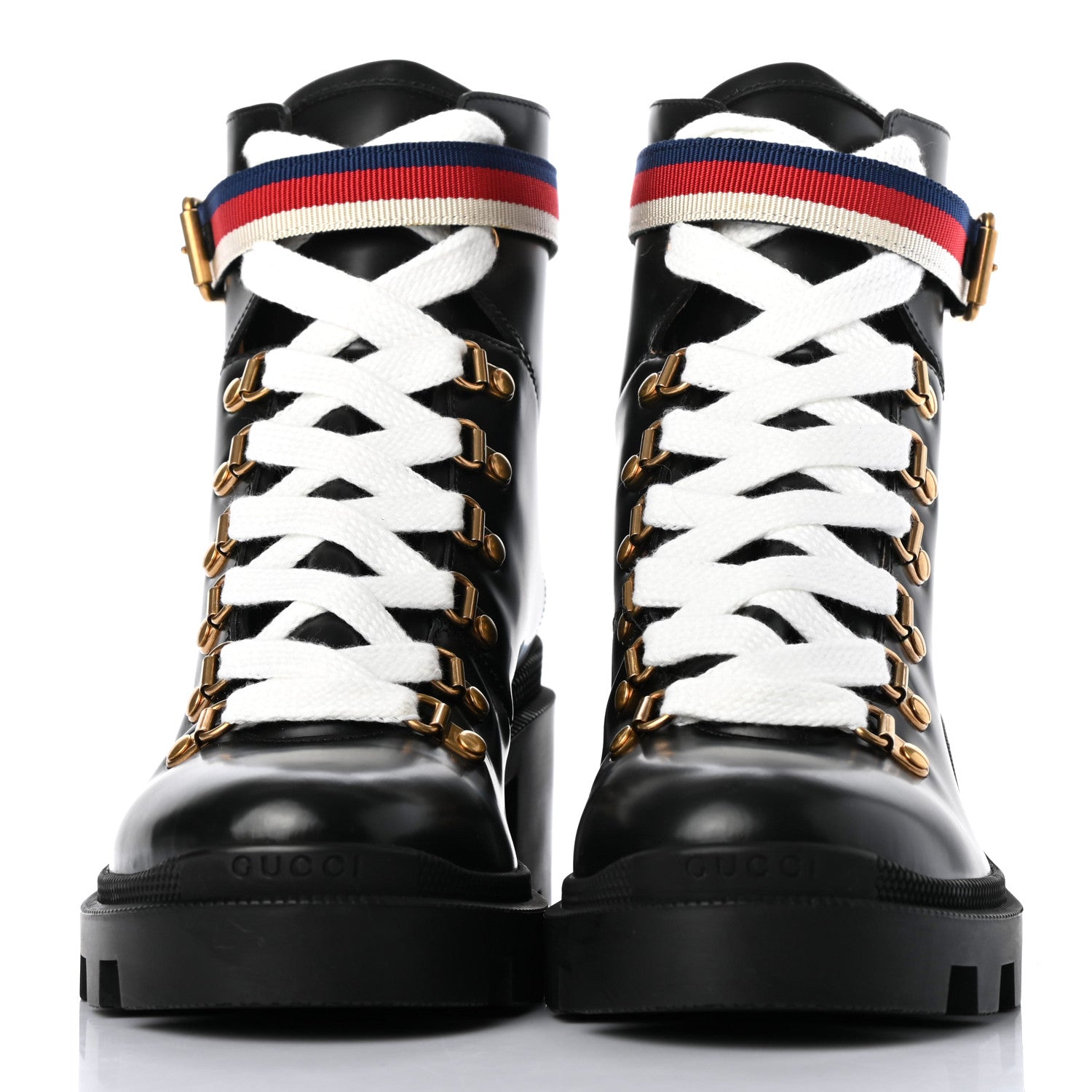 Gucci Calfskin Sylvie Web Womens Lace Up Combat Boots 38 Black 2 of 8