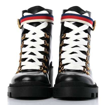 Gucci Calfskin Sylvie Web Womens Lace Up Combat Boots 38 Black 2 of 8