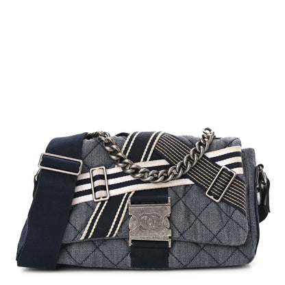 Chanel Denim Quilted Medium Airlines Buckle Messenger Bag Blue 1 of 13