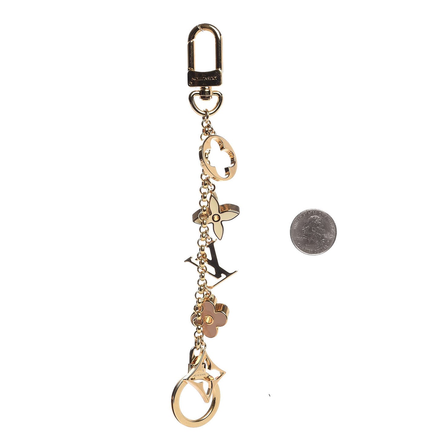 Brass Enamel Fleur De Monogram Bag Charm Chain Gold