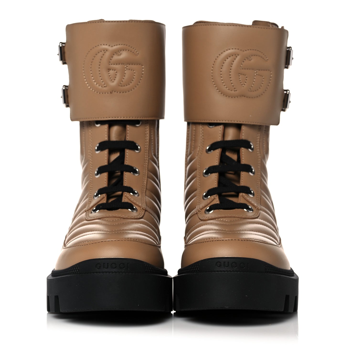 Nappa Frances GG Matelasse Platform Combat Boots 36 Natural Tan