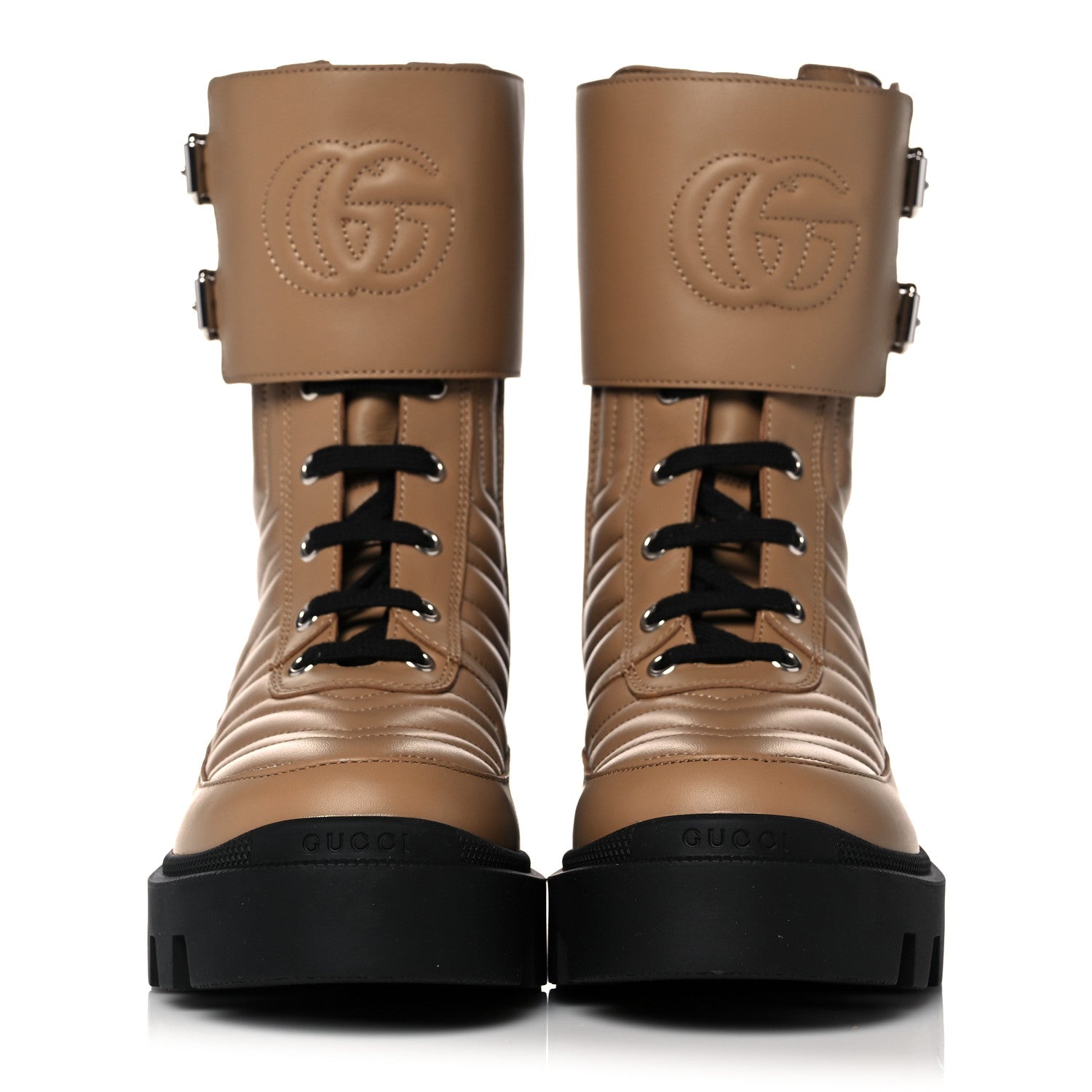 Gucci Nappa Frances GG Matelasse Platform Combat Boots 36 Natural Tan 2 of 8