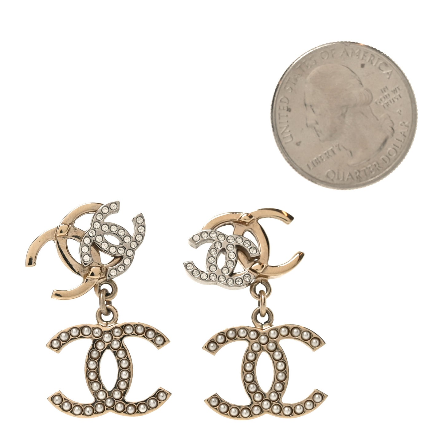 Crystal Double CC Drop Earrings Gold Silver