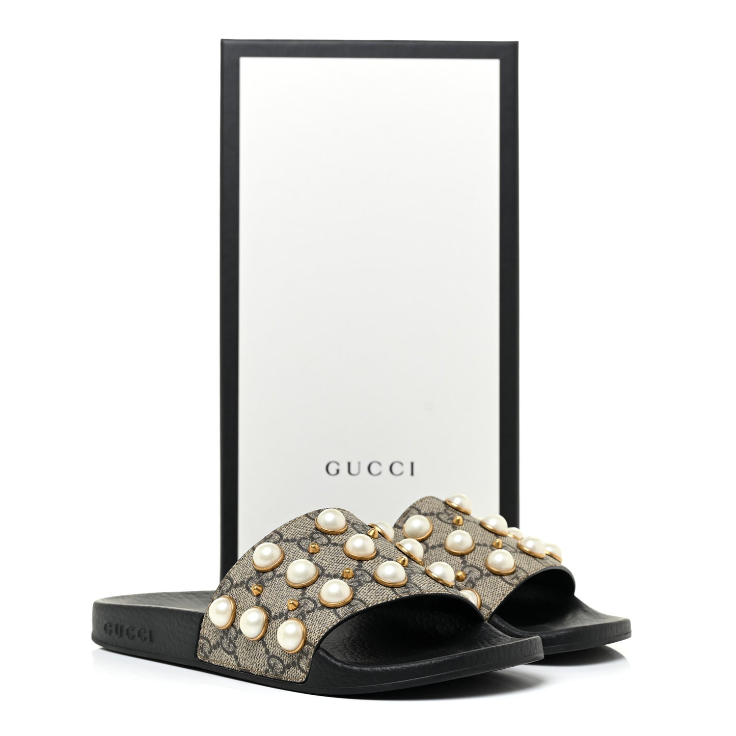 GG Supreme Monogram Slide Pearls Sandals 36 Beige