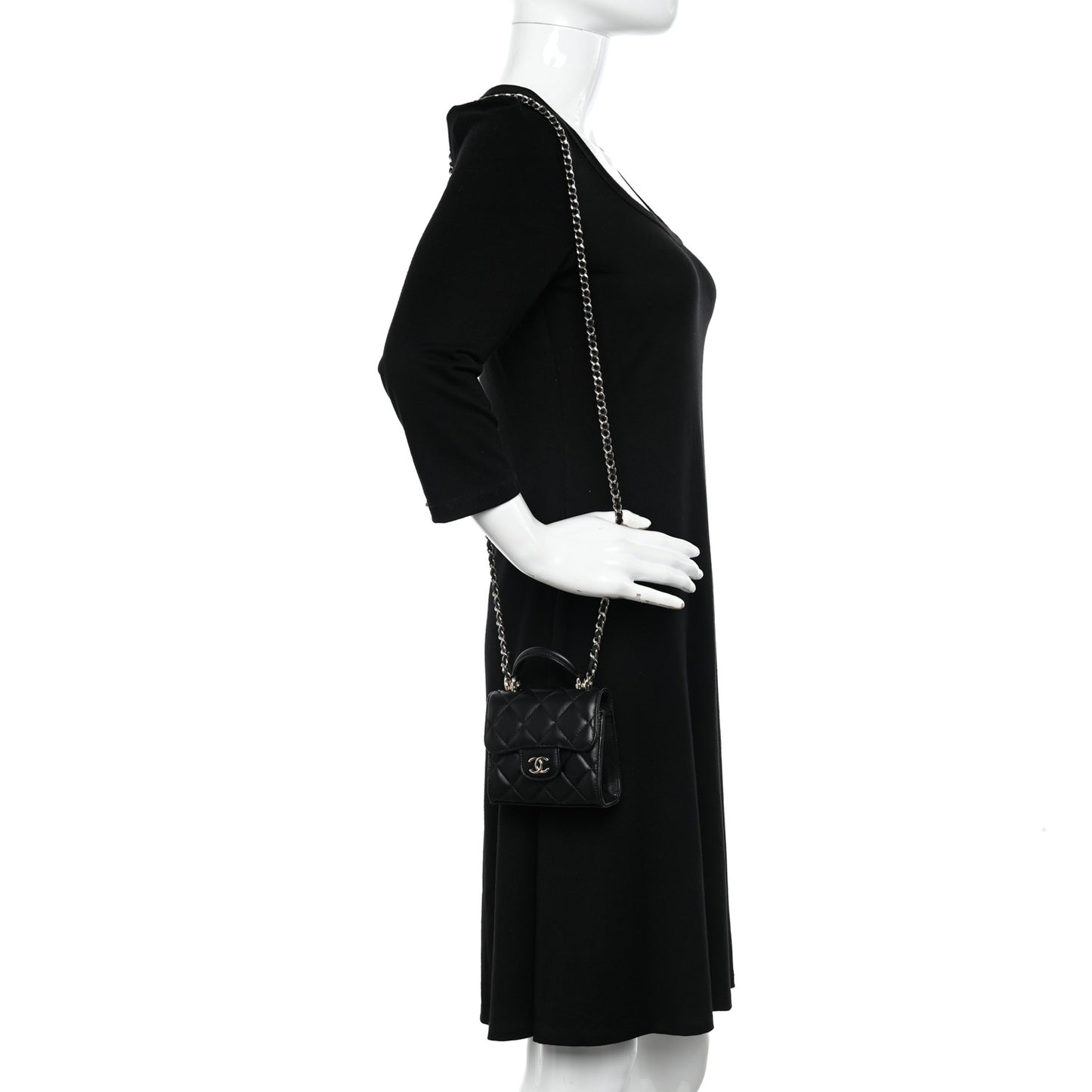 Lambskin Quilted Top Handle Flap Clutch With Chain Black