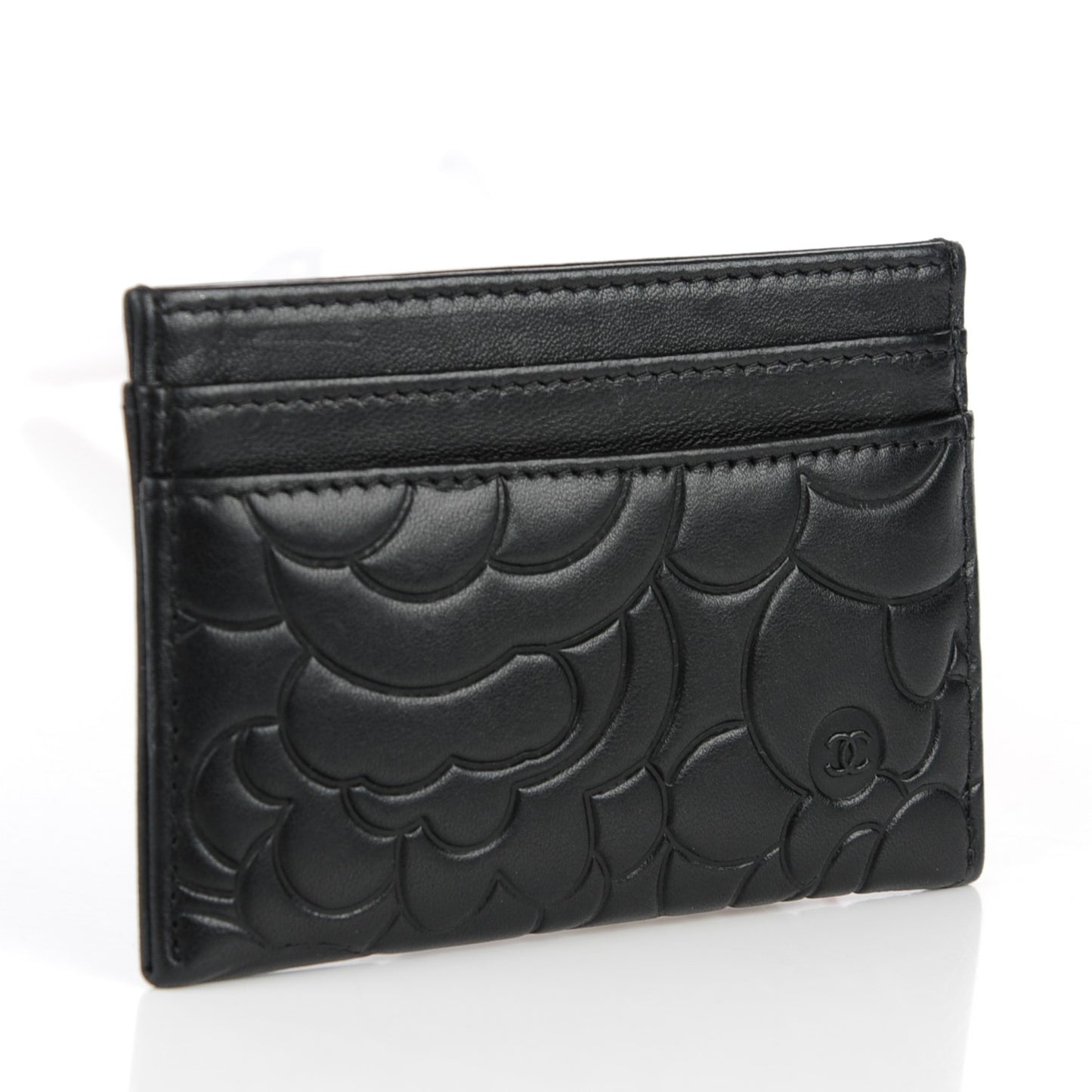 Lambskin Camellia Embossed Card Holder Black