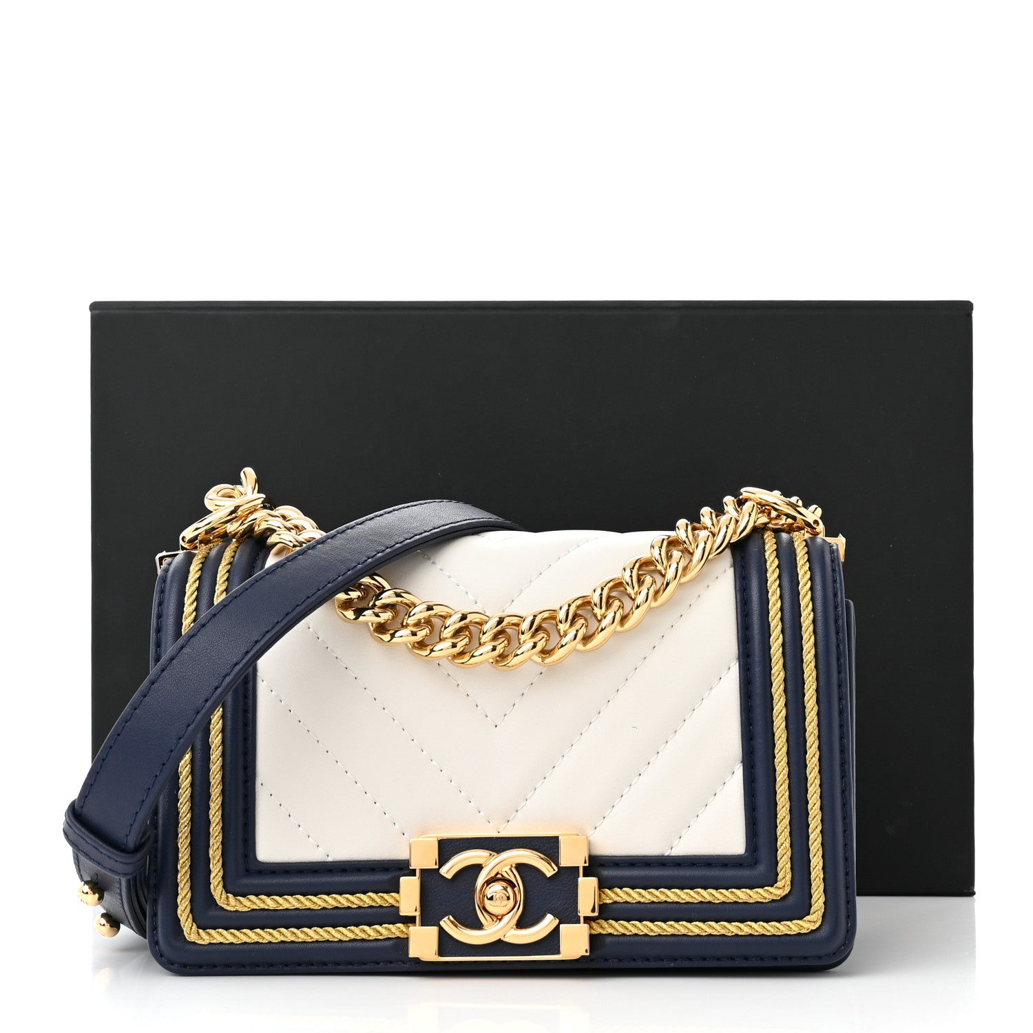 Chanel Calfskin Chevron Quilted Braided Small Boy Flap White Navy 11 of 11