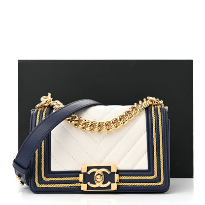 Chanel Calfskin Chevron Quilted Braided Small Boy Flap White Navy 11 of 11