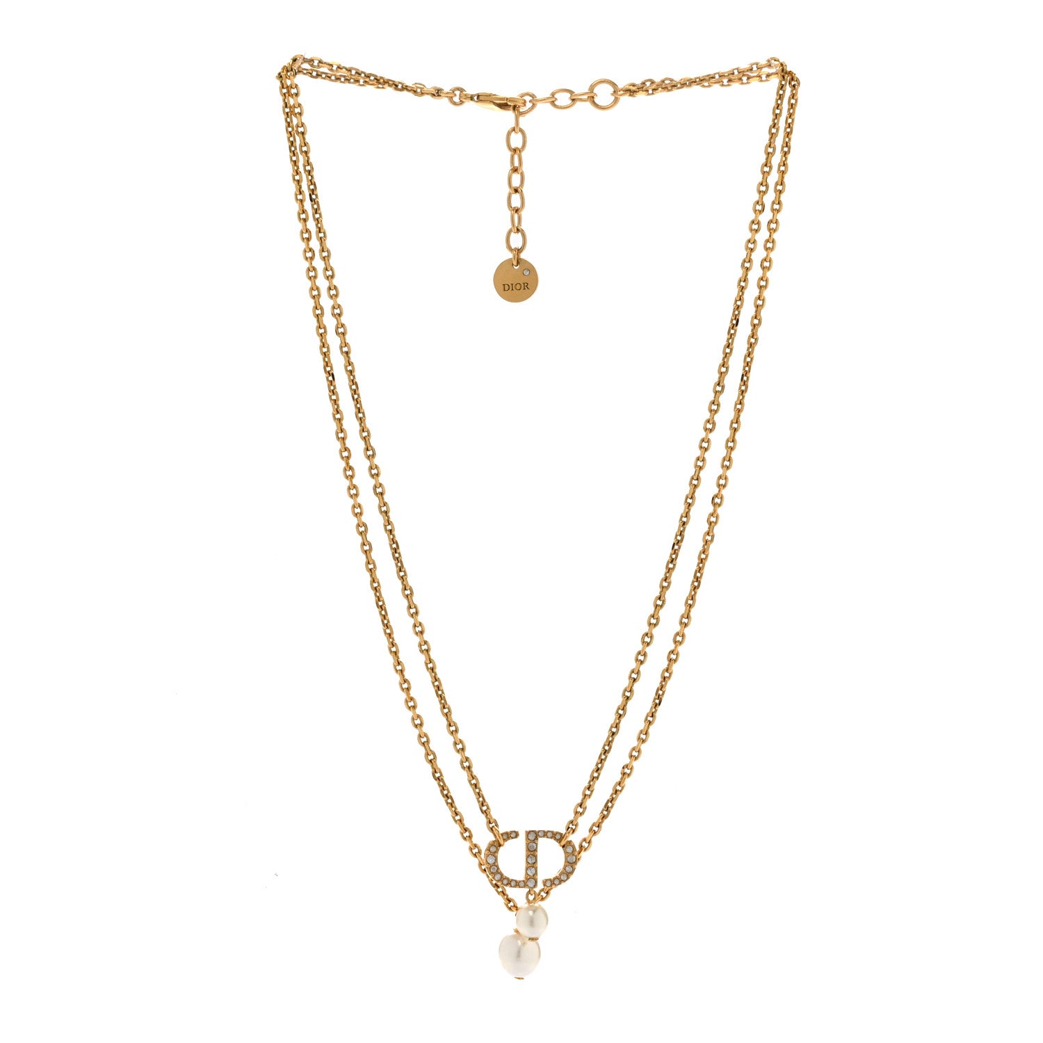 Christian Dior Metal Crystal Pearl CD Necklace Gold 3 of 6