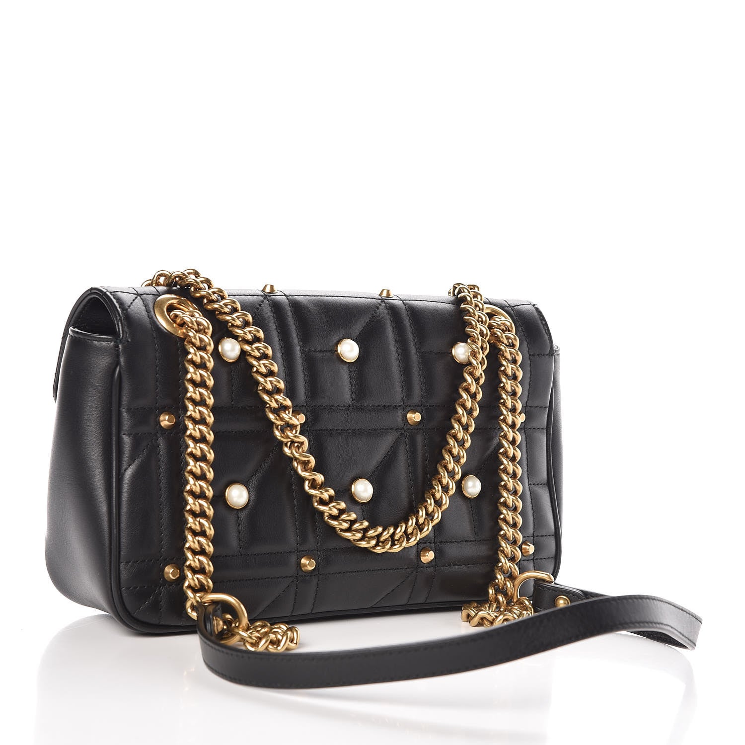 Gucci Calfskin Matelasse Studded Small Pearly GG Marmont Shoulder Bag Black 3 of 7