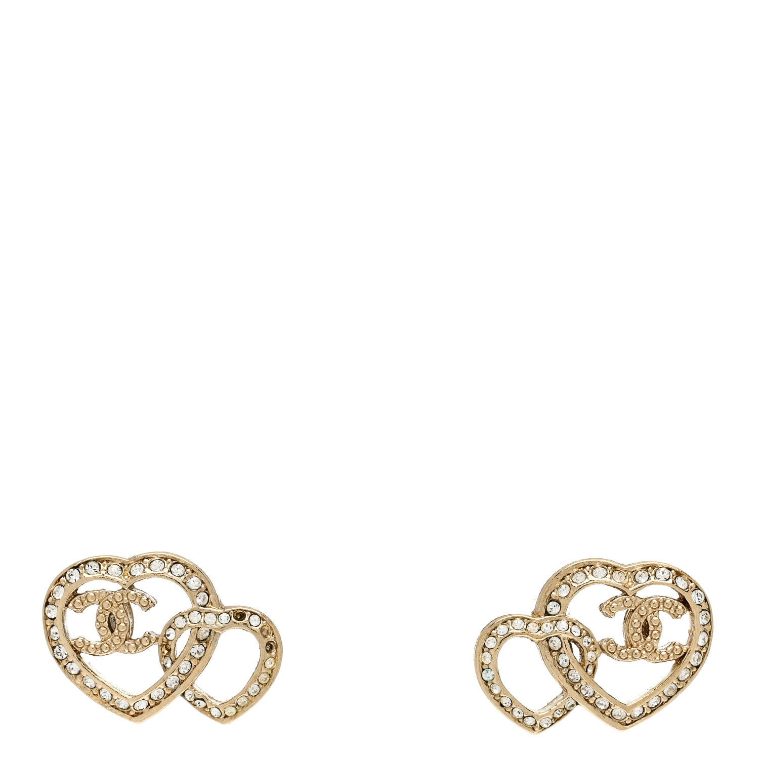 Chanel Crystal Metal CC Double Heart Earrings Gold 1 of 6