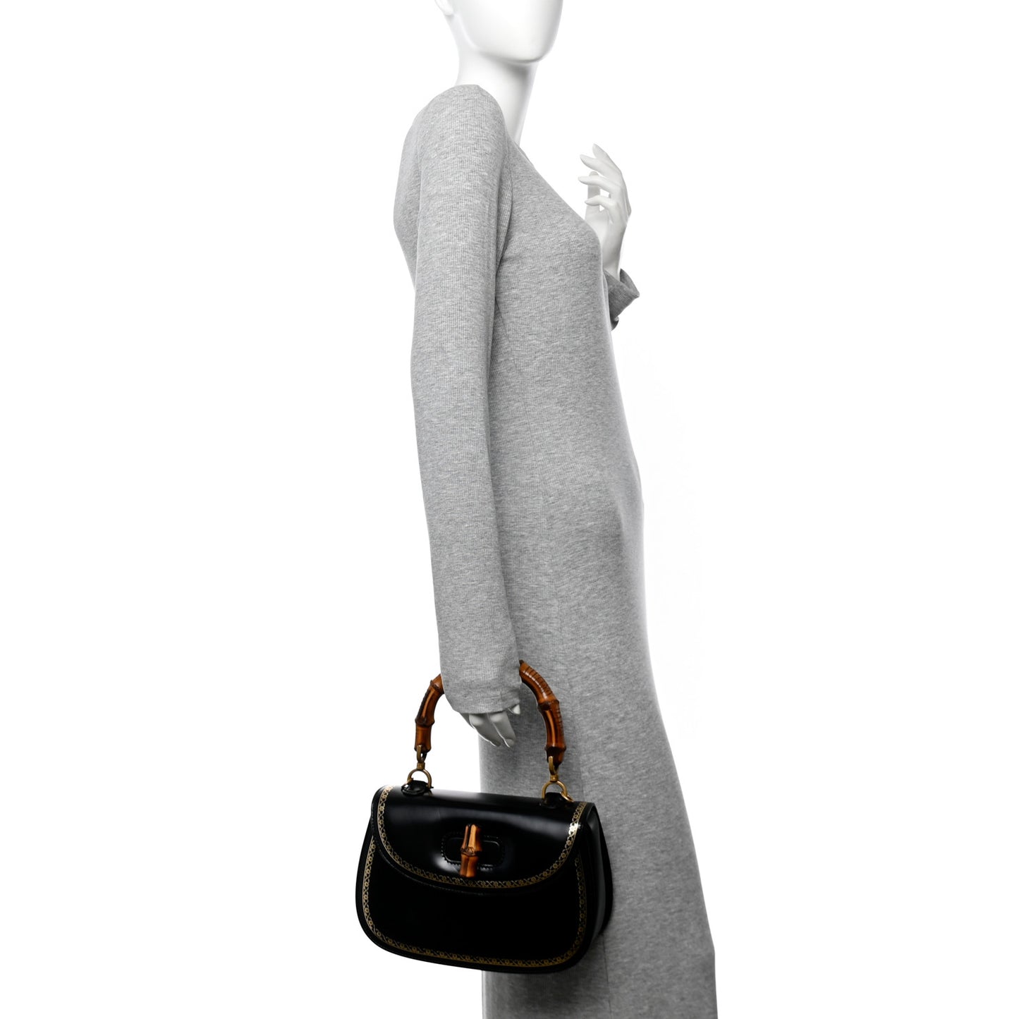 Calfskin Frame Print Bamboo Top Handle Bag Black