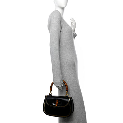Gucci Calfskin Frame Print Bamboo Top Handle Bag Black 2 of 12