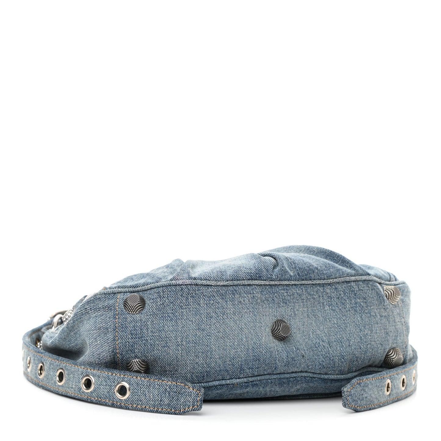 Washed Frayed Denim Crystal Small Le Cagole Shoulder Bag Blue