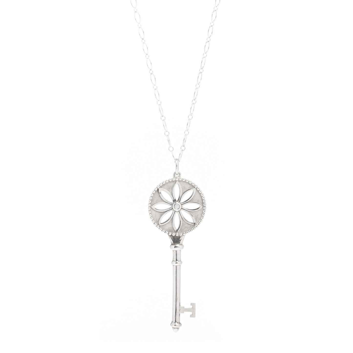 Sterling Silver Diamond Large Daisy Key Pendant Link Necklace