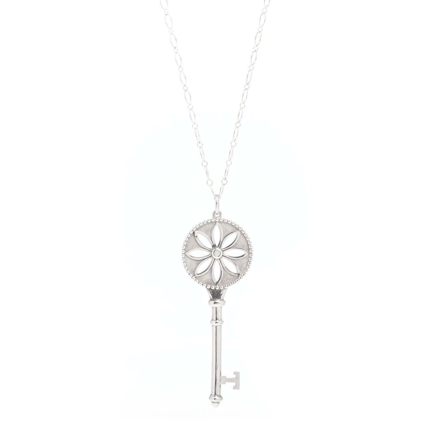 Tiffany Sterling Silver Diamond Large Daisy Key Pendant Link Necklace 1 of 4