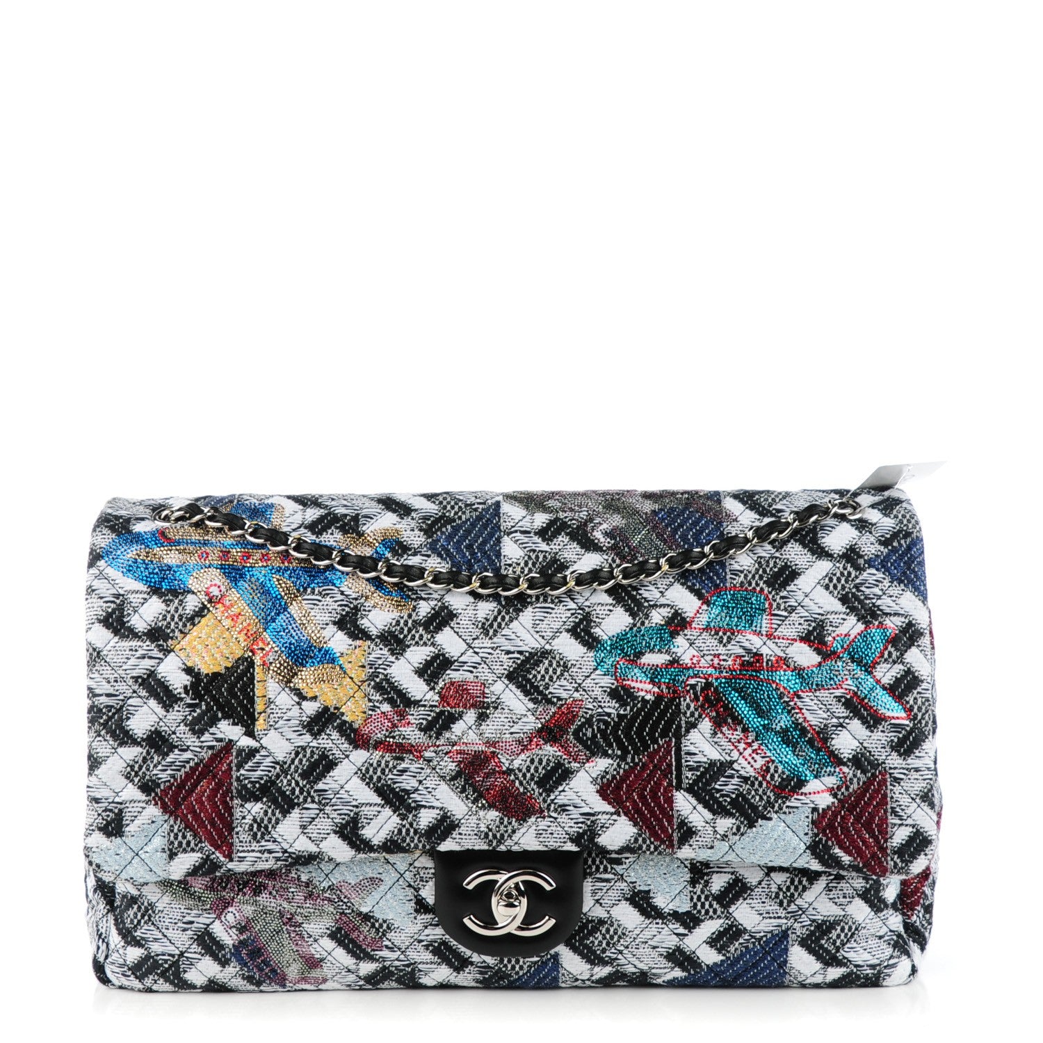 Chanel Tweed Strass Quilted XXL Plane Flap Black White Navy Yellow 1 of 24