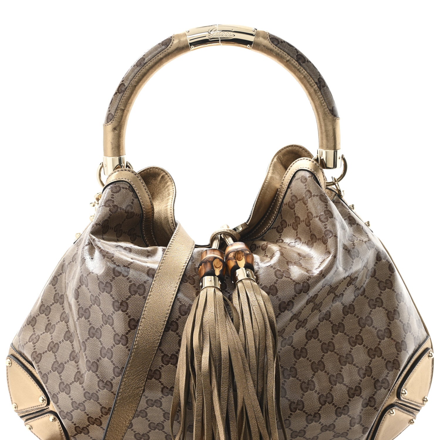 Gucci Crystal Monogram Metallic Calfskin Large Indy Top Handle Bag Beige Ebony Gold 8 of 10