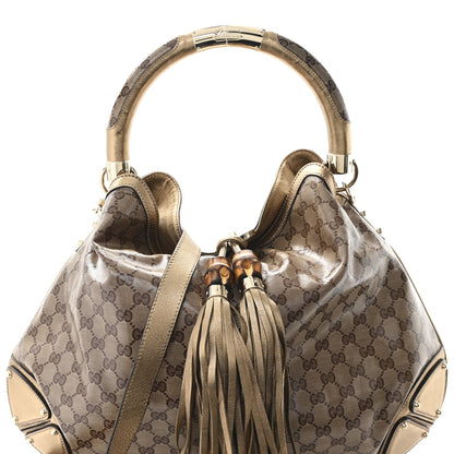 Gucci Crystal Monogram Metallic Calfskin Large Indy Top Handle Bag Beige Ebony Gold 8 of 10