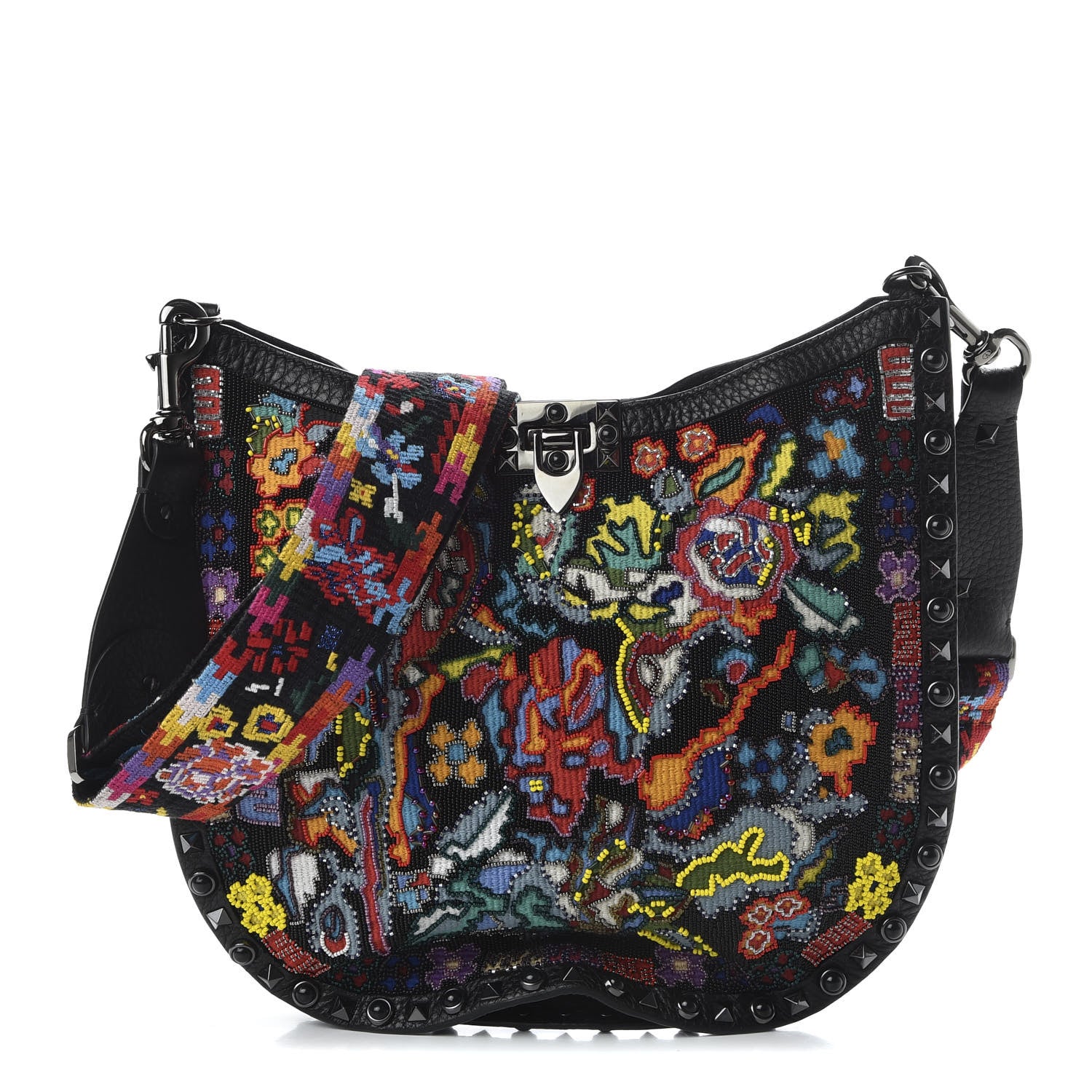 Valentino Garavani Calfskin Beaded Guitar Strap Rockstud Rolling Hobo Bag Black 1 of 9