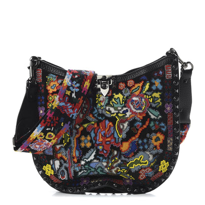 Valentino Garavani Calfskin Beaded Guitar Strap Rockstud Rolling Hobo Bag Black 1 of 9