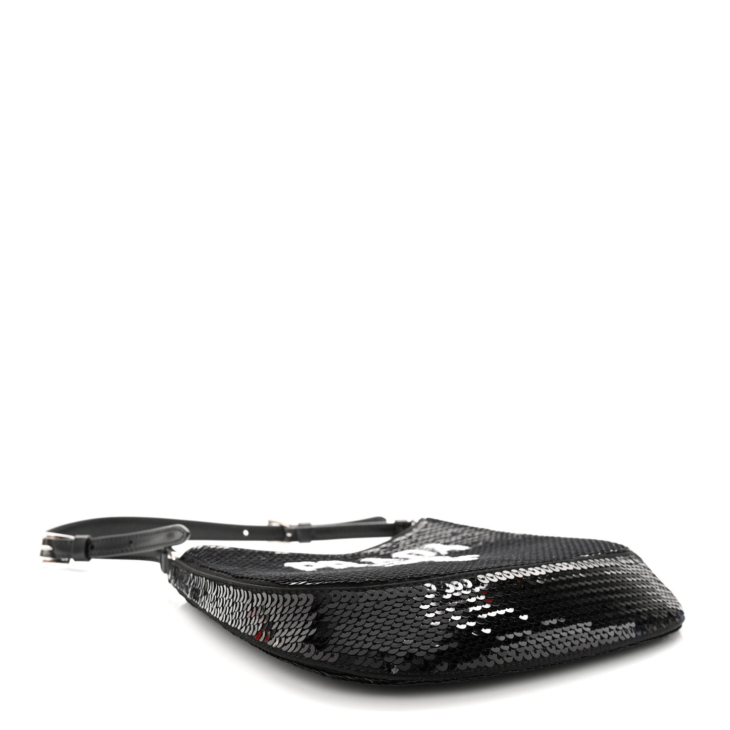 Paillettes Sequin Logo Cleo Adjustable Strap Shoulder Bag Black White
