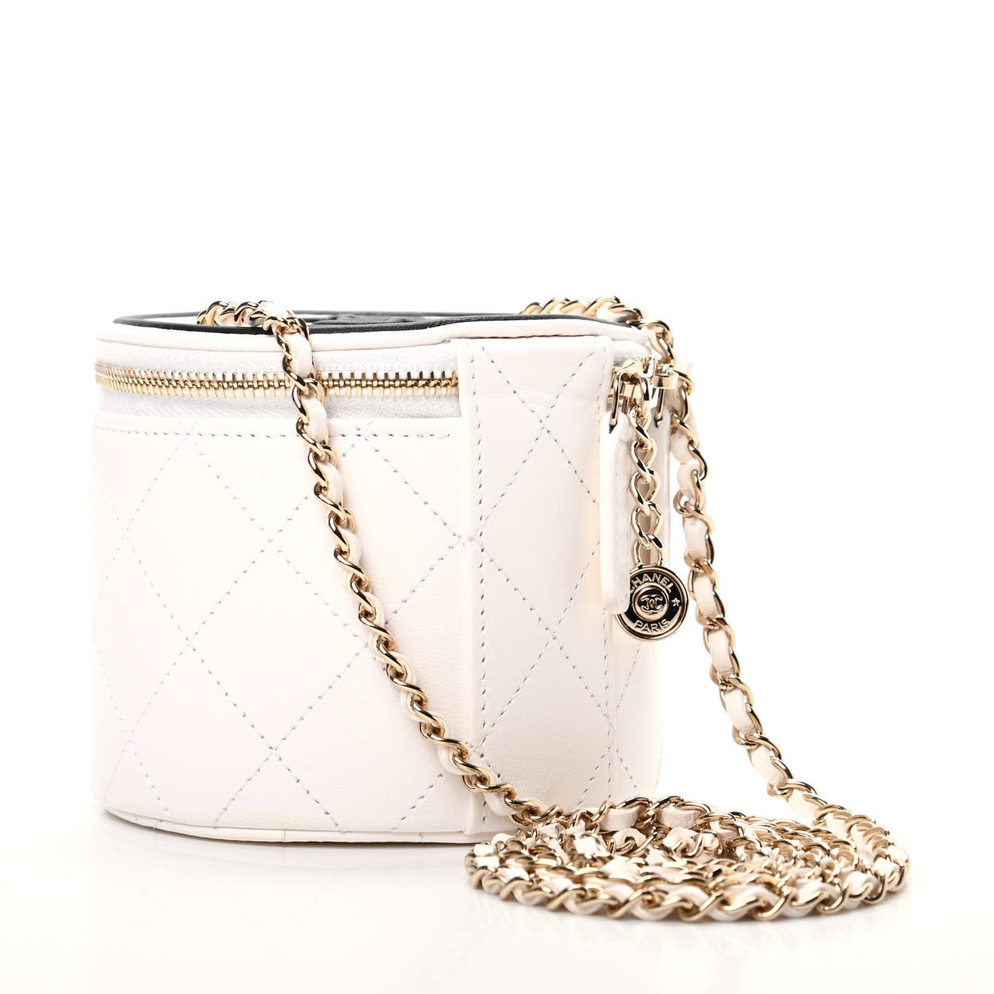 Lambskin Quilted Round Small Vanity Case With Chain White Black