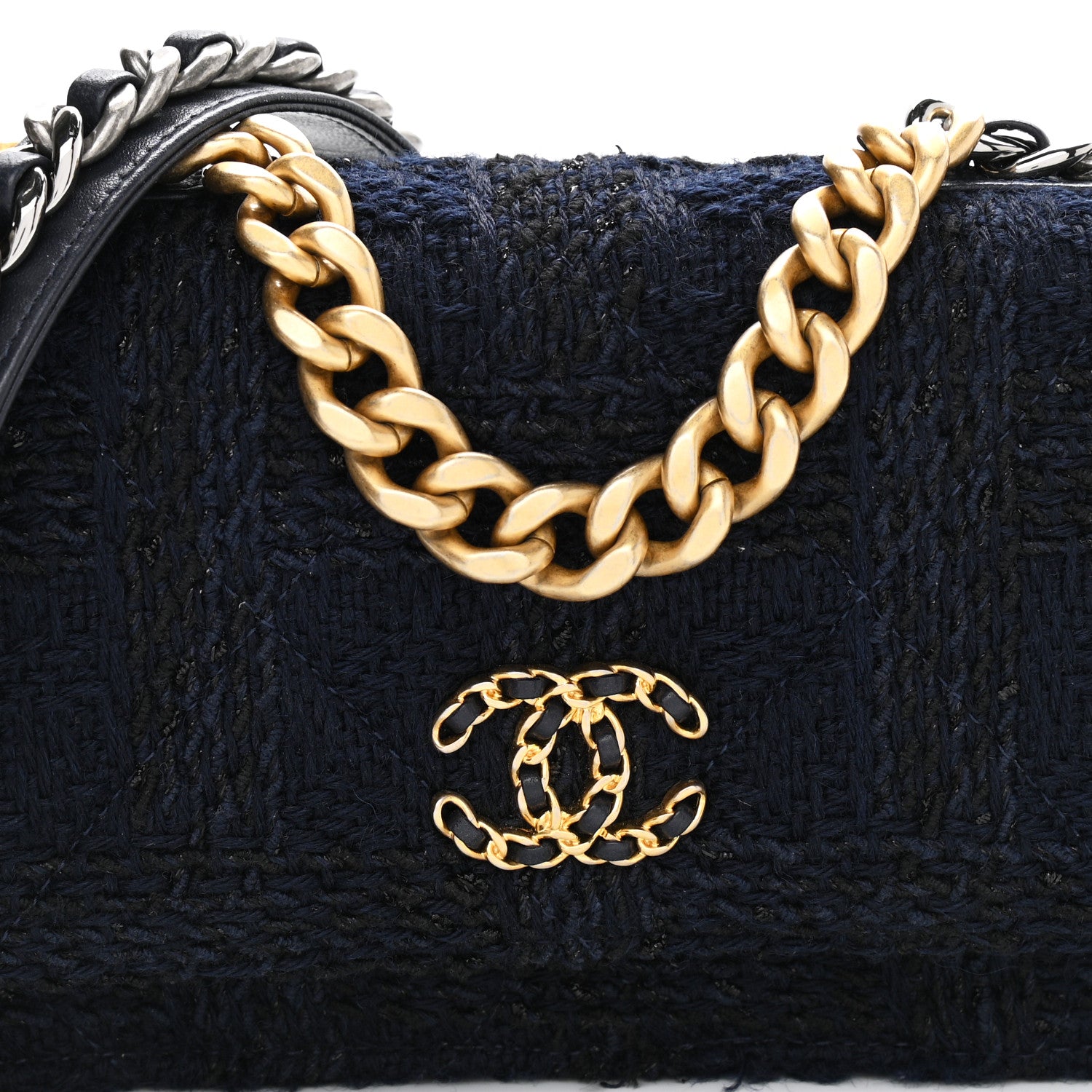 Chanel Wool Tweed Lambskin Quilted Chanel 19 Wallet On Chain WOC and Coin Purse Blue Black 8 of 11