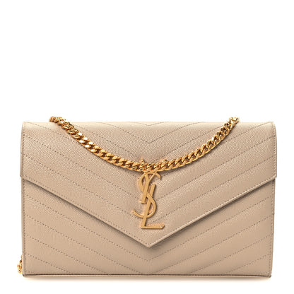 Saint Laurent Grain De Poudre Matelasse Chevron Monogram Chain Wallet Dark Beige 1 of 11
