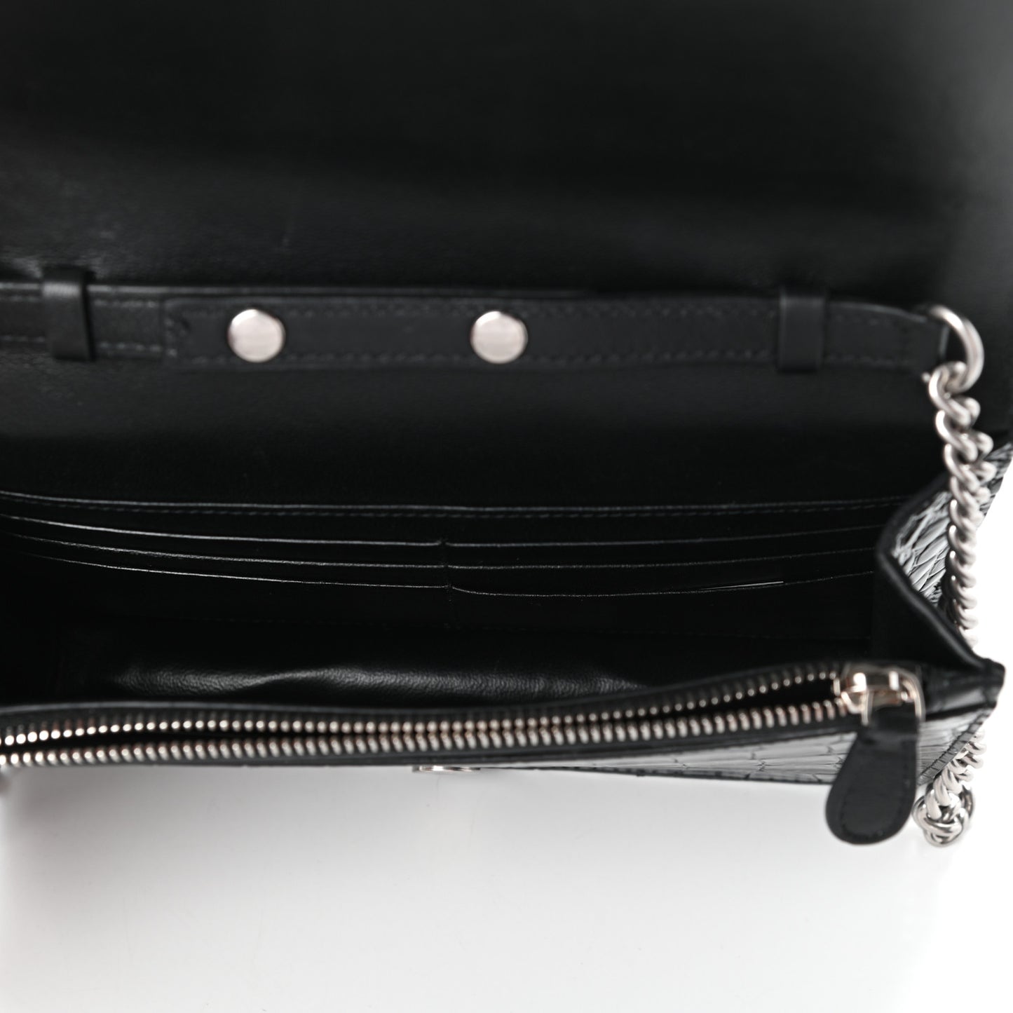 Shiny Calfskin Logo Crocodile Embossed Ville Wallet on Chain Black