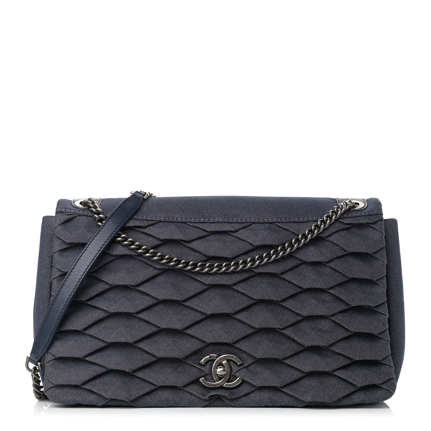 Chanel Denim Pleated Denim Turtle Flap Dark Blue 1 of 8
