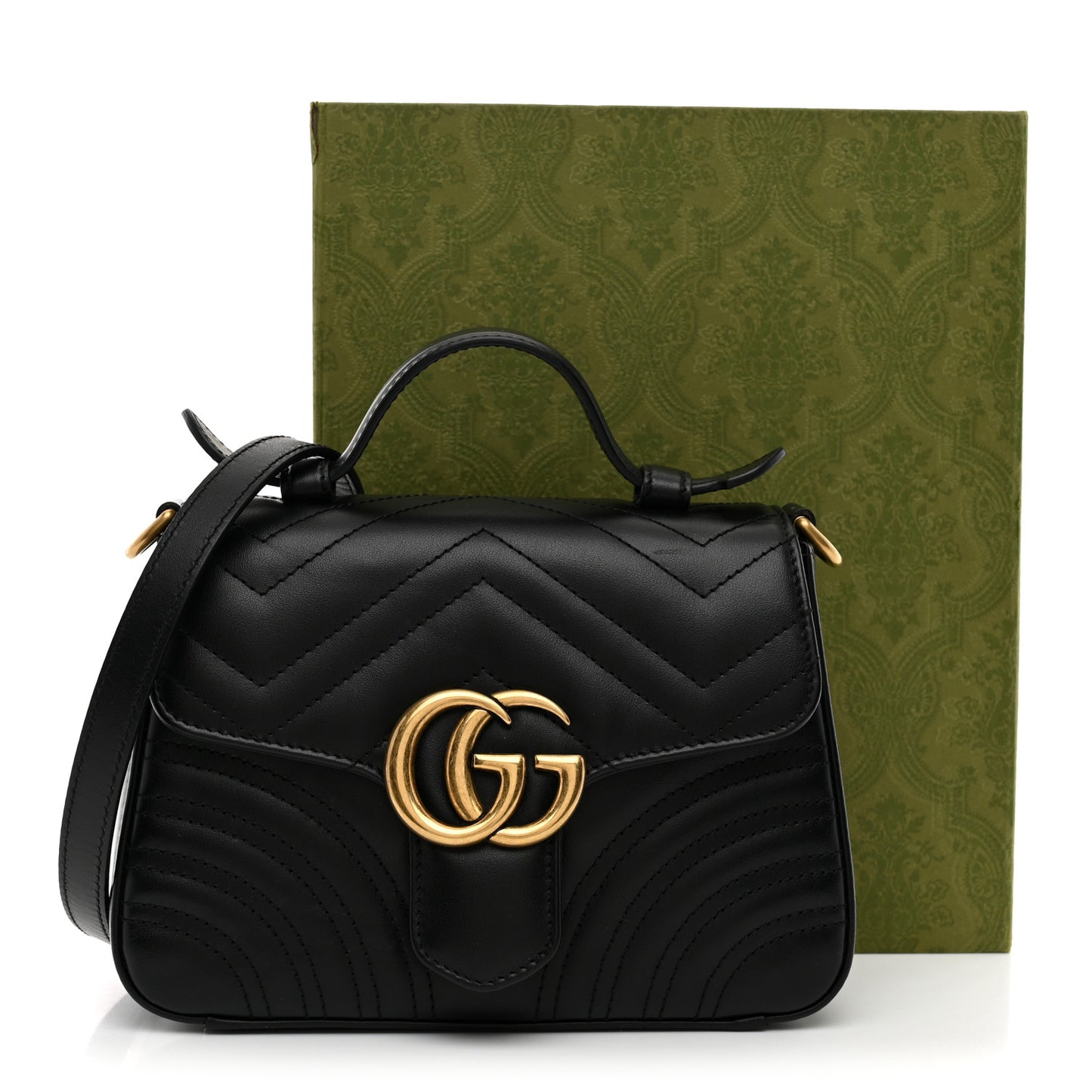 Calfskin Matelasse Mini GG Marmont Top Handle Shoulder Bag Black