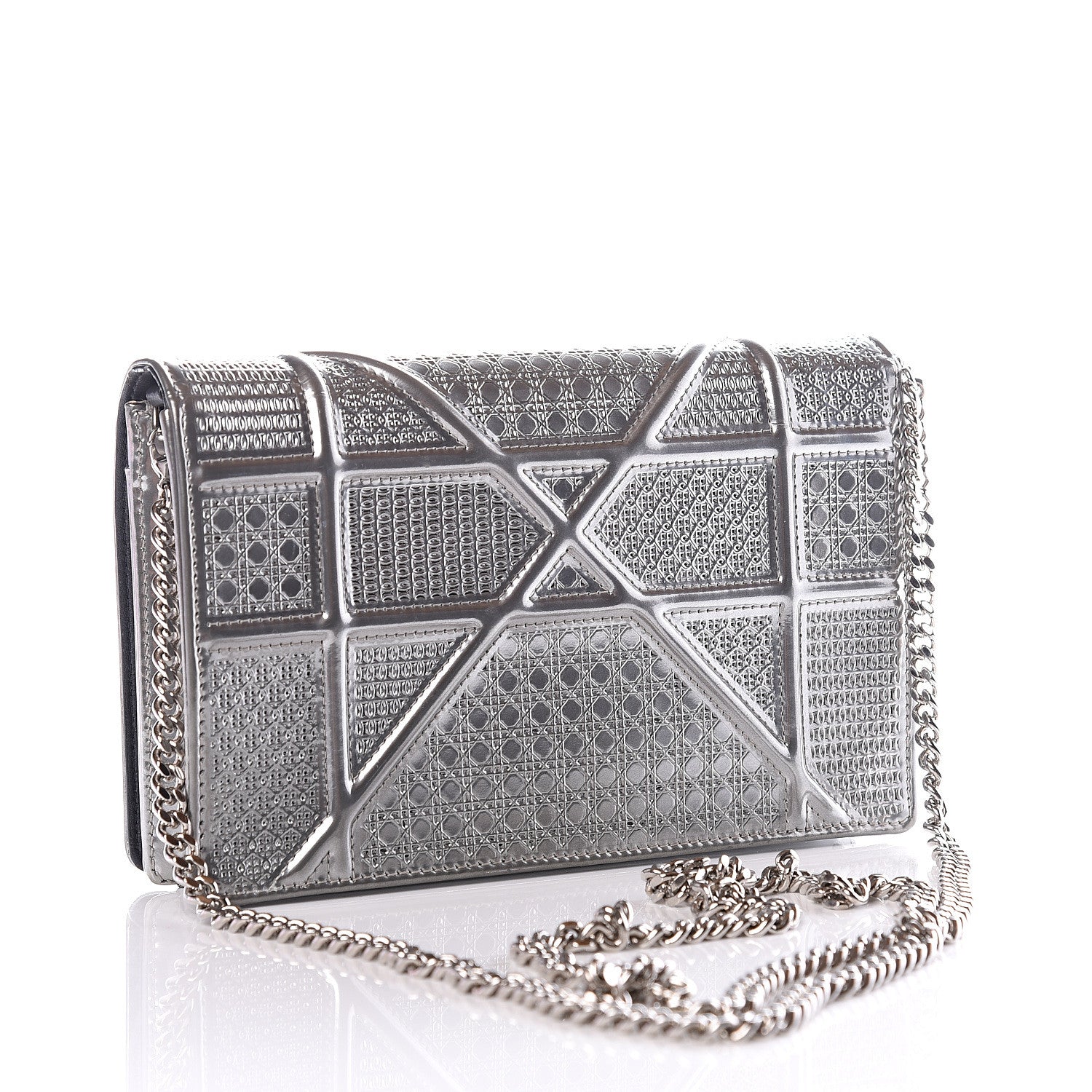 Christian Dior Metallic Patent Micro-Cannage Diorama Wallet on Chain Pouch Silver 2 of 9