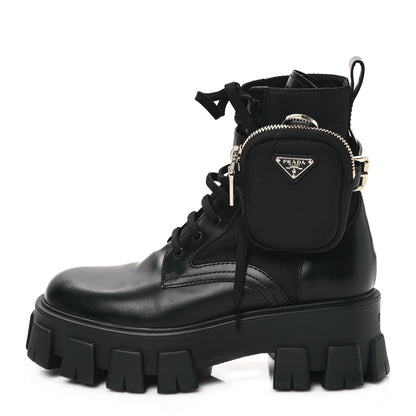 Prada Spazzolato Rois Re-Nylon Metal Triangle Logo Monolith Pouch Pocket 55mm Boots 36.5 Black 1 of 8
