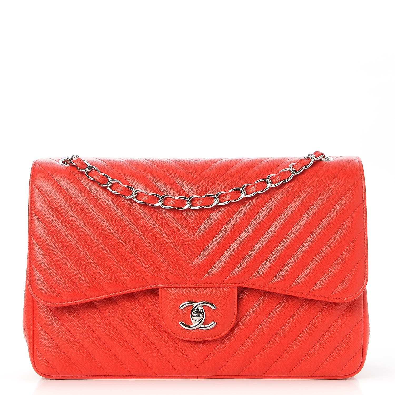 Chanel Caviar Chevron Quilted Jumbo Double Flap Red 1 of 9
