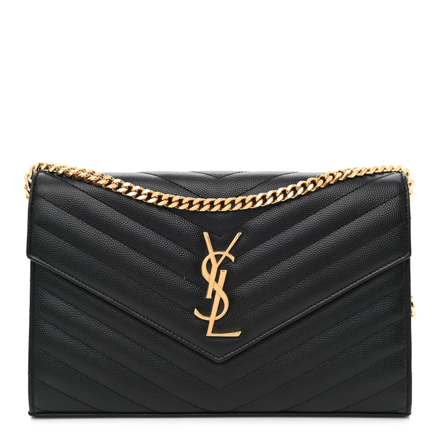 Saint Laurent Grain De Poudre Matelasse Chevron Monogram Chain Wallet Black 1 of 12