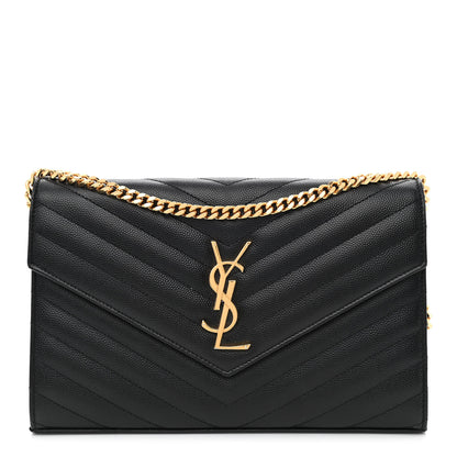 Saint Laurent Grain De Poudre Matelasse Chevron Monogram Chain Wallet Black 1 of 12