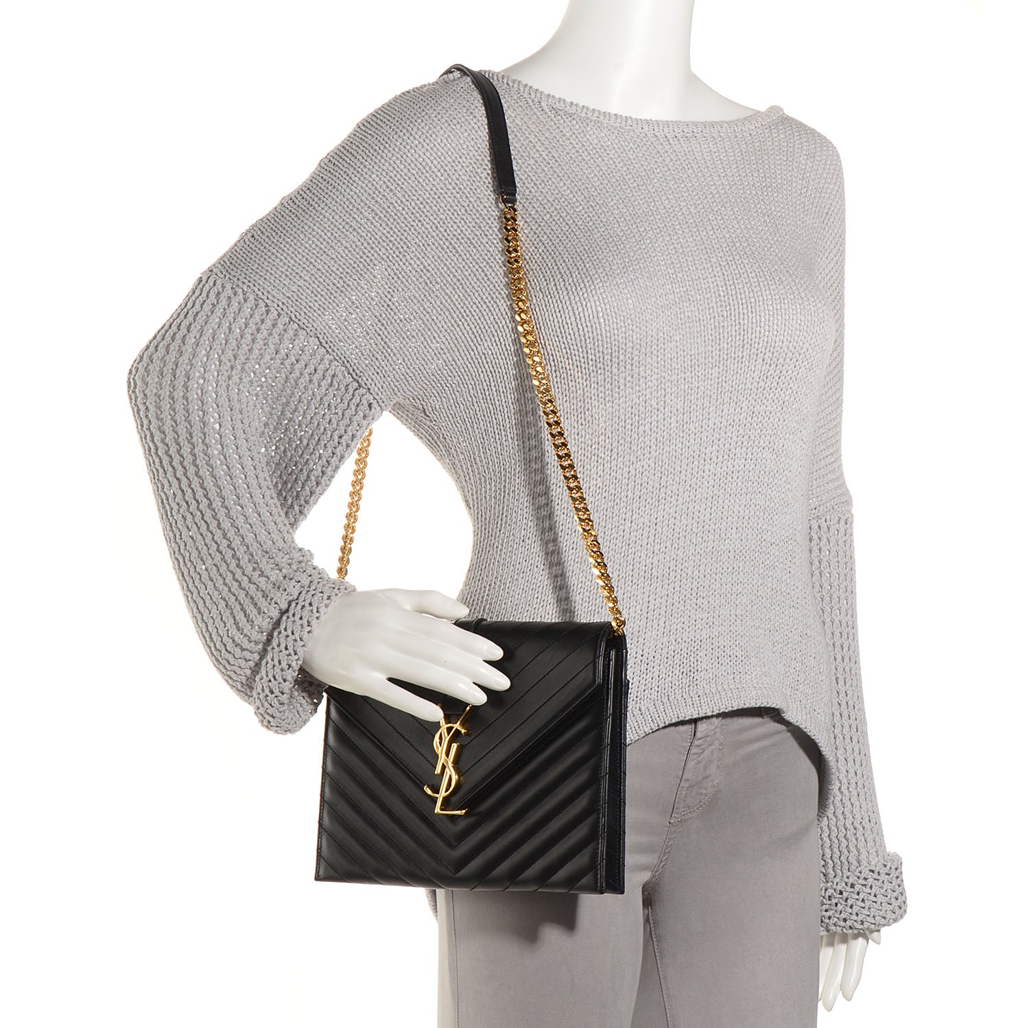Saint Laurent Lambskin Matelasse Chevron Medium Monogram Satchel Black 2 of 10