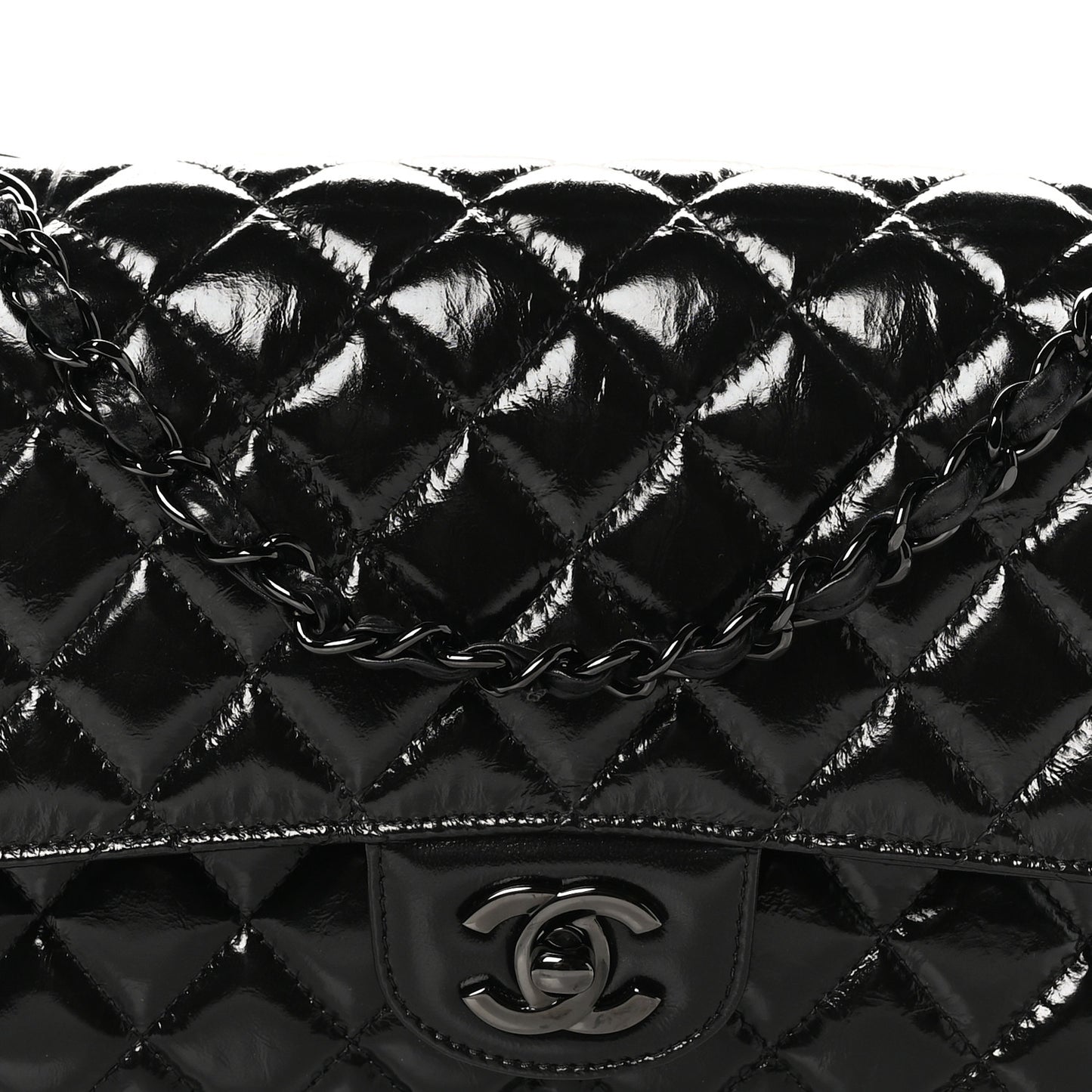 Shiny Crumpled Calfskin Quilted Medium Double Flap So Black