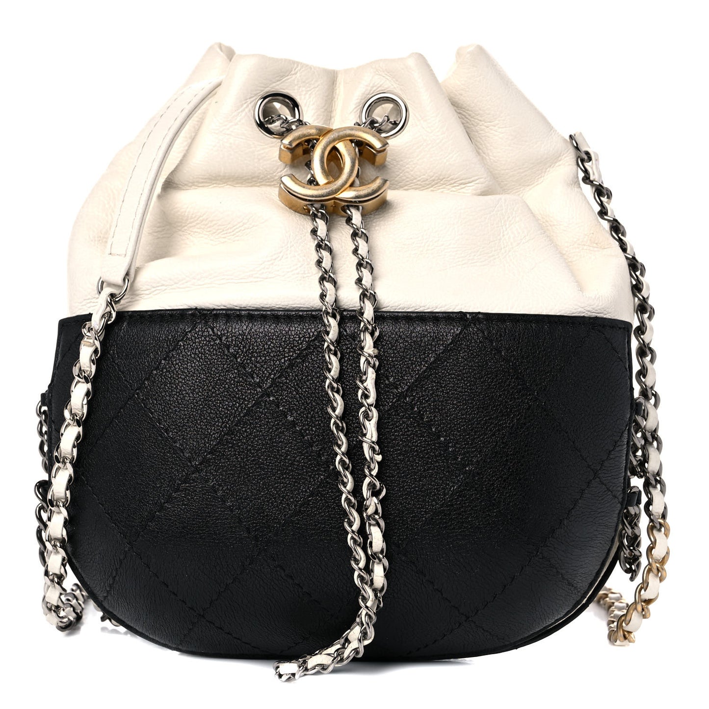 Aged Calfskin Quilted Small Gabrielle Bucket White Black