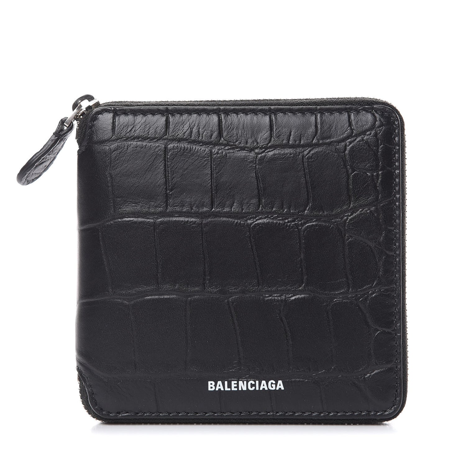 Calfskin Logo Crocodile Embossed Zip Around Wallet Black