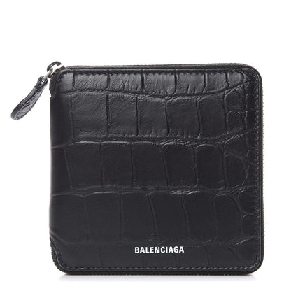 Balenciaga Calfskin Logo Crocodile Embossed Zip Around Wallet Black 1 of 7